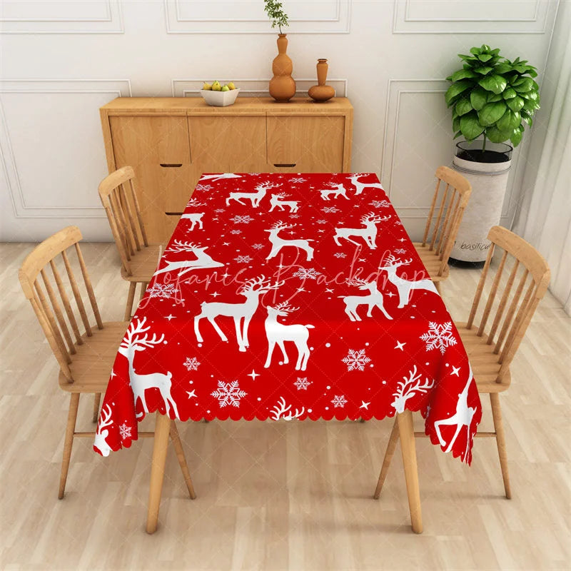 Lofaris Christmas Reindeer Rectangle Tablecloth Red with White Deer Silhouette Snowflake Winter Holiday Table Cover