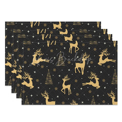 Lofaris Christmas Reindeer Set of 4 Placemats Black and Gold Deer Elegant Xmas Tree Holiday Table Mats