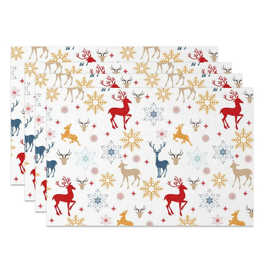Lofaris Christmas Reindeer Set of 4 Placemats Colorful Deer Silhouette Red Blue Gold Snowflakes Winter Table Mats