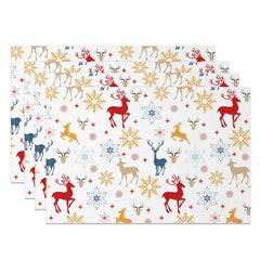 Lofaris Christmas Reindeer Set of 4 Placemats Colorful Deer Silhouette Red Blue Gold Snowflakes Winter Table Mats