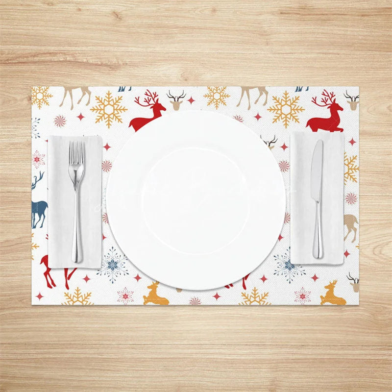 Lofaris Christmas Reindeer Set of 4 Placemats Colorful Deer Silhouette Red Blue Gold Snowflakes Winter Table Mats