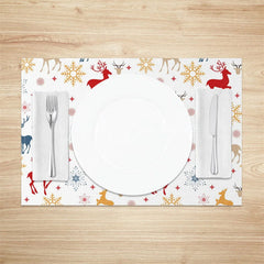 Lofaris Christmas Reindeer Set of 4 Placemats Colorful Deer Silhouette Red Blue Gold Snowflakes Winter Table Mats