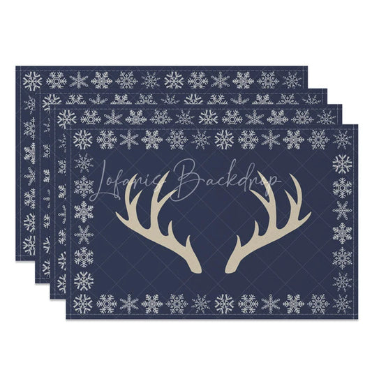 Lofaris Christmas Reindeer Set of 4 Placemats Navy Blue with Antlers Snowflake Border Winter Table Mats