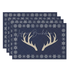 Lofaris Christmas Reindeer Set of 4 Placemats Navy Blue with Antlers Snowflake Border Winter Table Mats