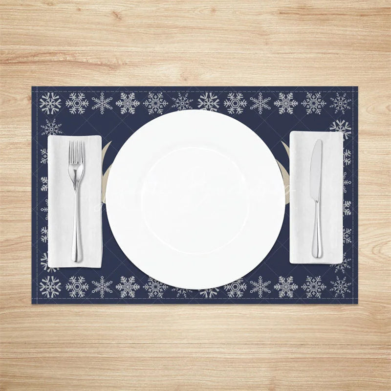 Lofaris Christmas Reindeer Set of 4 Placemats Navy Blue with Antlers Snowflake Border Winter Table Mats