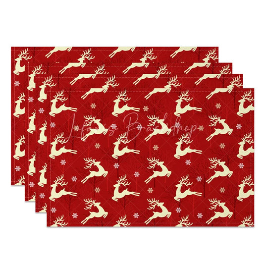 Lofaris Christmas Reindeer Set of 4 Placemats Red with Cream Deer Silhouette Winter Holiday Table Mats
