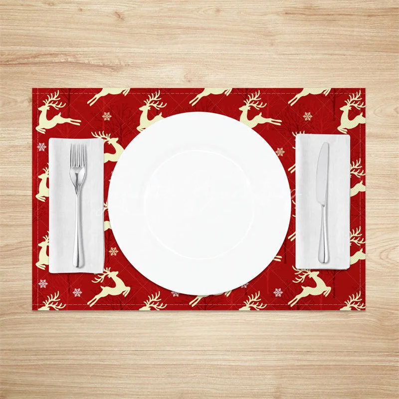 Lofaris Christmas Reindeer Set of 4 Placemats Red with Cream Deer Silhouette Winter Holiday Table Mats