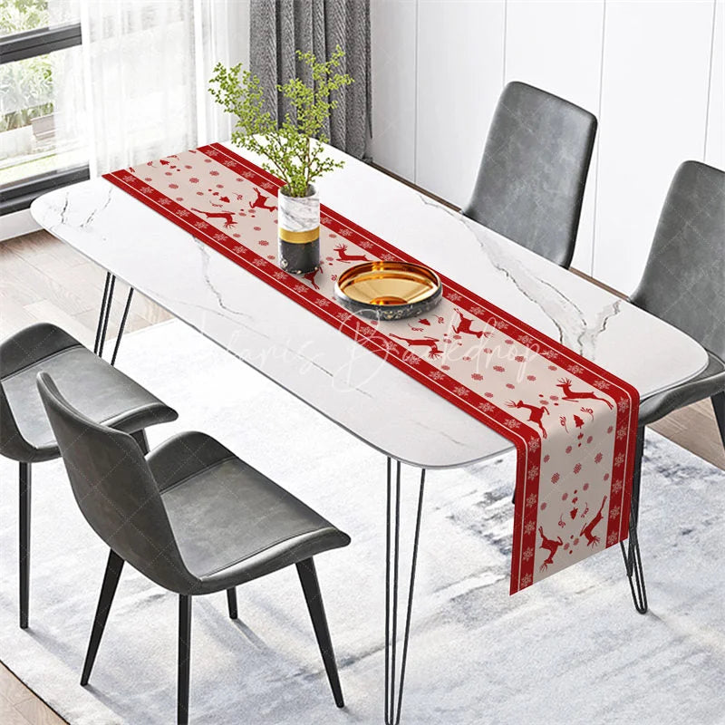 Lofaris Christmas Reindeer Table Runner Red with Beige Border Deer Silhouette Snowflake Holiday Decor