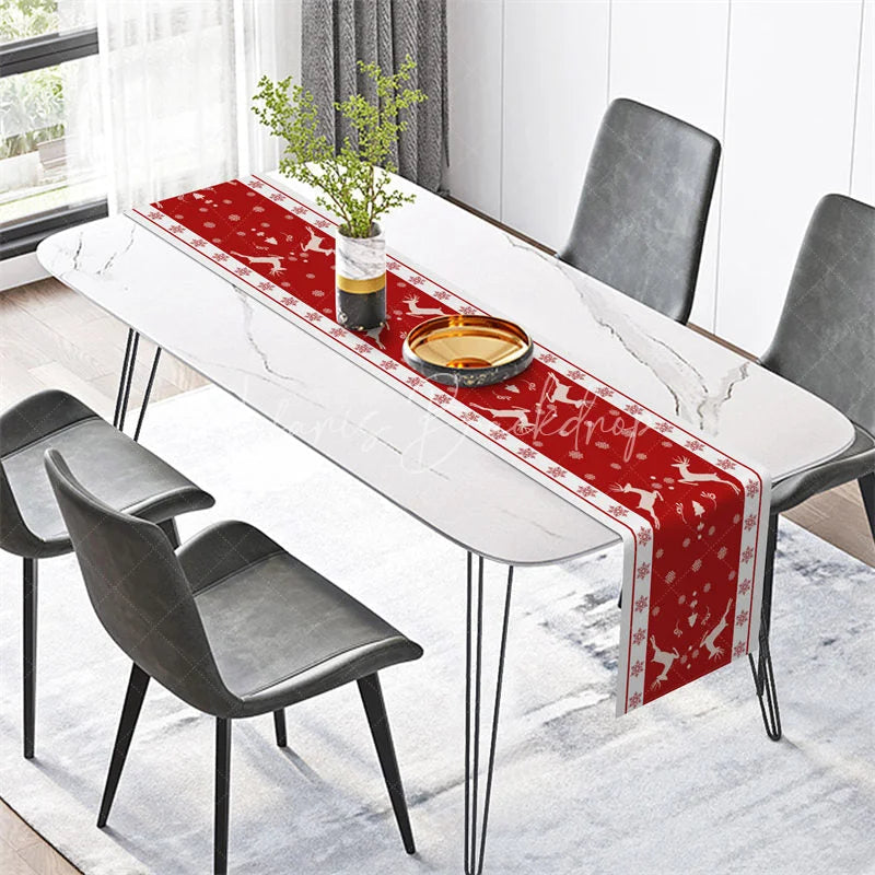 Lofaris Christmas Reindeer Table Runner Red with Snowflake Border Winter Holiday Farmhouse Decor