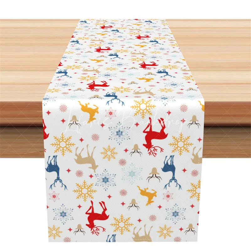 Lofaris Christmas Reindeer Table Runner White with Colorful Deer Red Blue Gold Snowflakes Holiday Decor