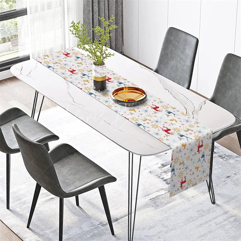 Lofaris Christmas Reindeer Table Runner White with Colorful Deer Red Blue Gold Snowflakes Holiday Decor