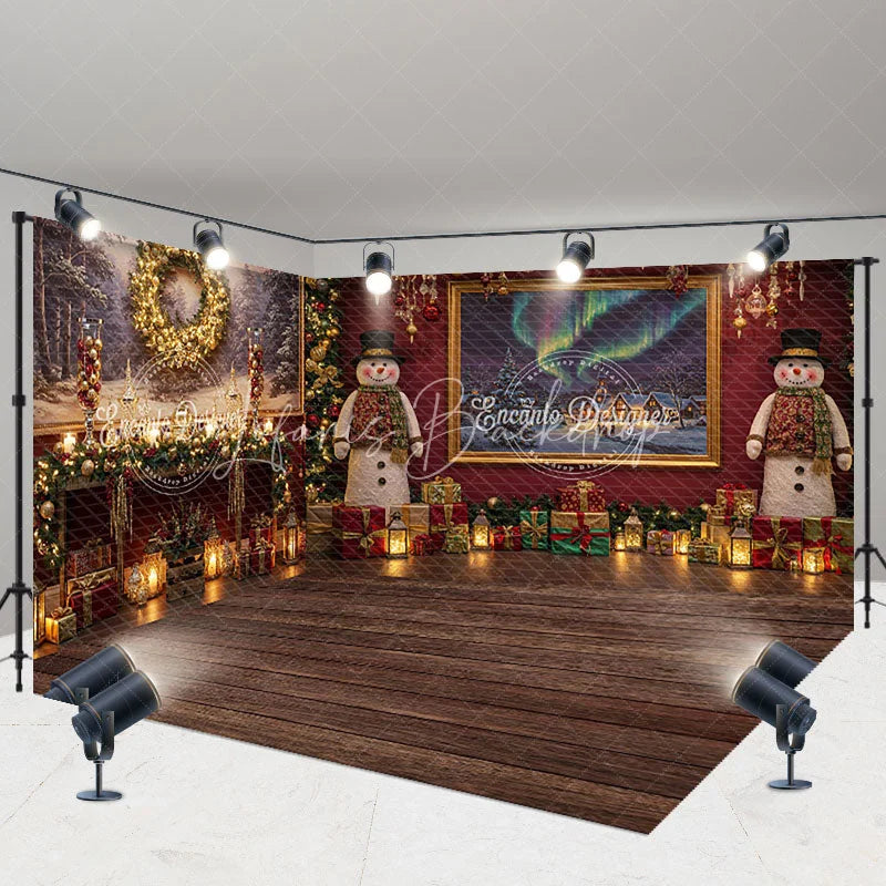 Lofaris Christmas Room Set Backdrop Aurora Borealis Window View Snowman and Fireplace Photo Props