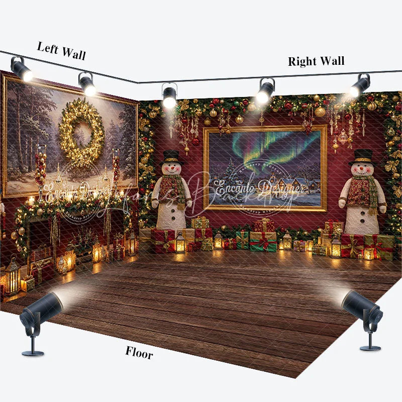Lofaris Christmas Room Set Backdrop Aurora Borealis Window View Snowman and Fireplace Photo Props