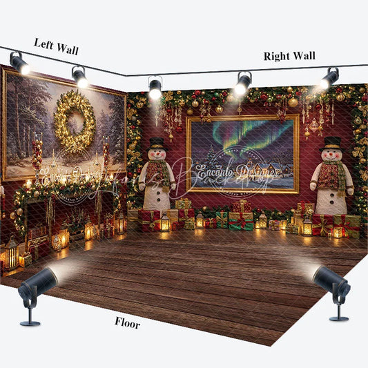 Lofaris Christmas Room Set Backdrop Aurora Borealis Window View Snowman and Fireplace Photo Props