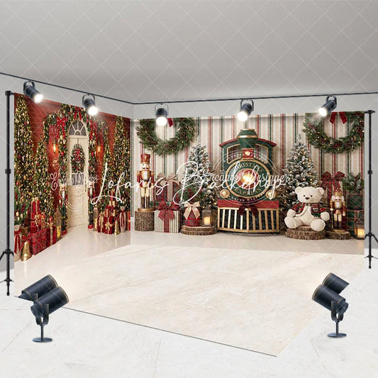 Lofaris Christmas Room Set Backdrop Festive Trees and Wreaths with Nutcrackers Toy Train Holiday Party Decor