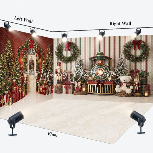 Lofaris Christmas Room Set Backdrop Festive Trees and Wreaths with Nutcrackers Toy Train Holiday Party Decor