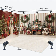 Lofaris Christmas Room Set Backdrop Festive Trees and Wreaths with Nutcrackers Toy Train Holiday Party Decor