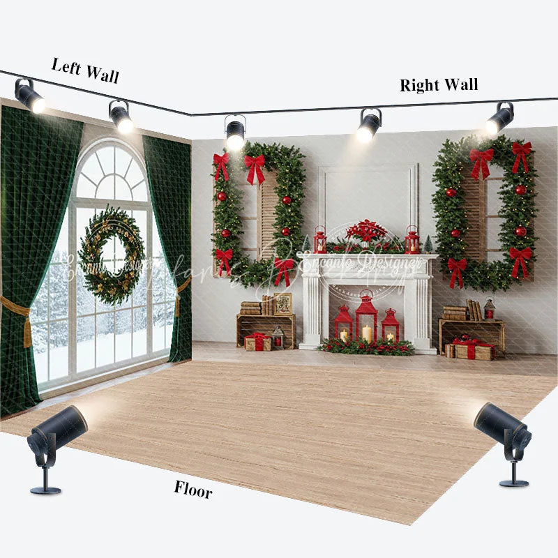 Lofaris Christmas Room Set Backdrop Interior Fireplace Green Curtain Window Photography Background