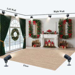 Lofaris Christmas Room Set Backdrop Interior Fireplace Green Curtain Window Photography Background