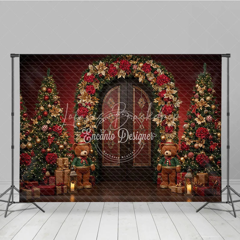 Lofaris Christmas Room Set Backdrop Red Wall Wood Floor with Xmas Trees Holiday Teddy Bear Photo Booth Props