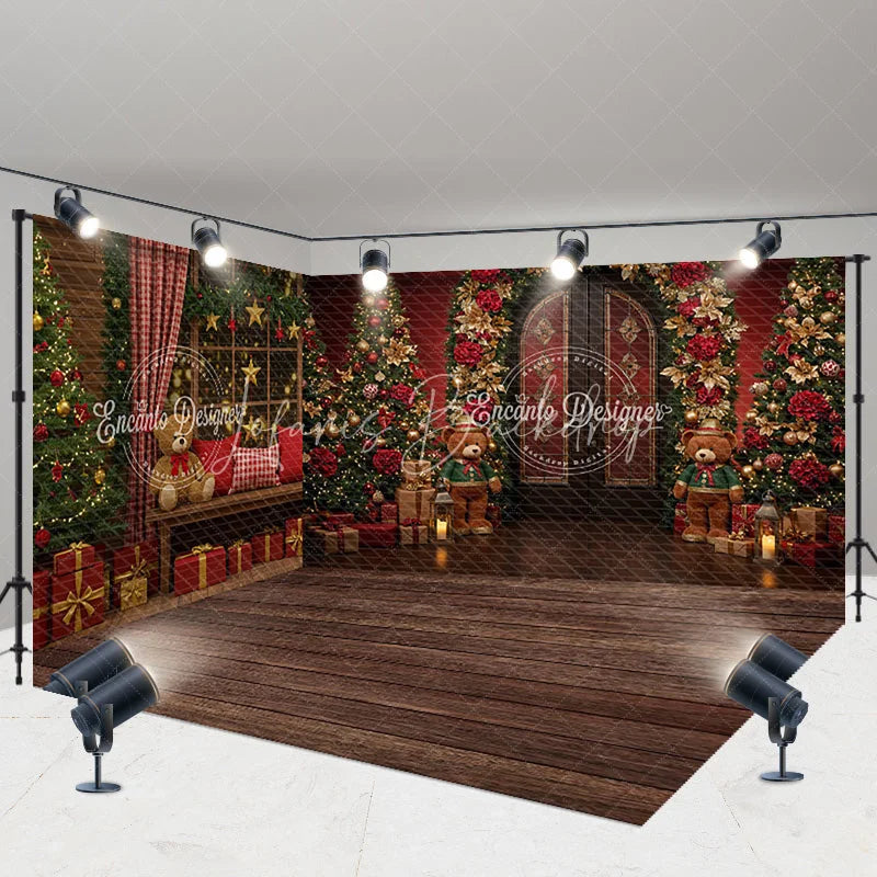 Lofaris Christmas Room Set Backdrop Red Wall Wood Floor with Xmas Trees Holiday Teddy Bear Photo Booth Props