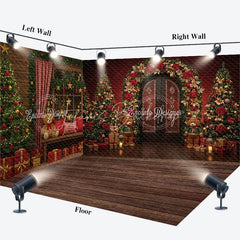 Lofaris Christmas Room Set Backdrop Red Wall Wood Floor with Xmas Trees Holiday Teddy Bear Photo Booth Props
