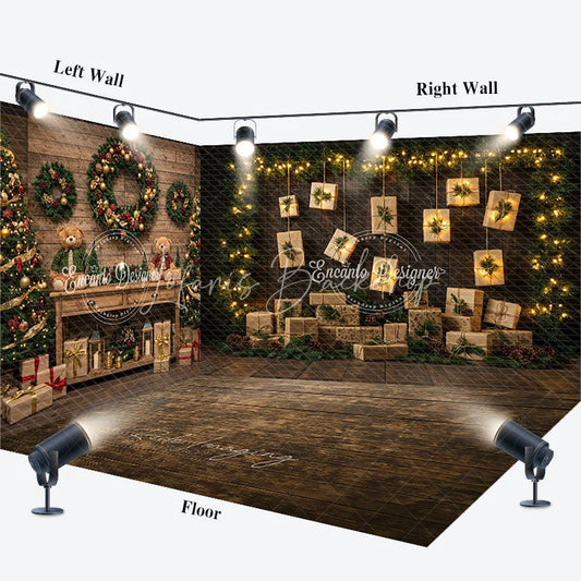 Lofaris Christmas Room Set Backdrop Rustic Wood Wall with Hanging Gifts Holiday Lights Photo Booth Props