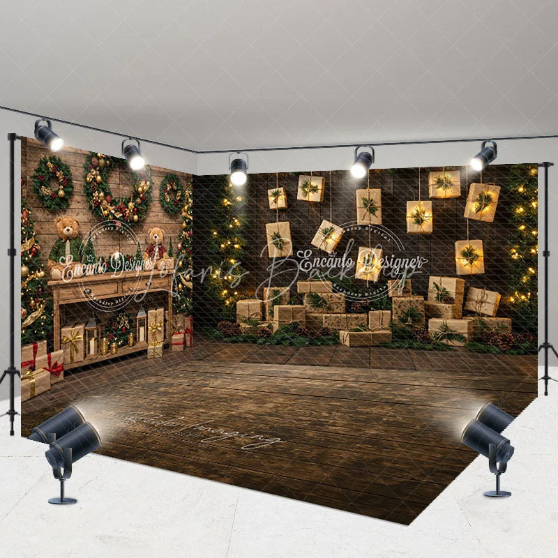 Lofaris Christmas Room Set Backdrop Rustic Wood Wall with Hanging Gifts Holiday Lights Photo Booth Props