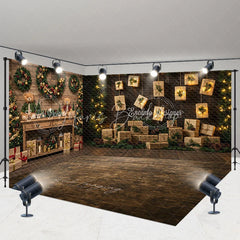 Lofaris Christmas Room Set Backdrop Rustic Wood Wall with Hanging Gifts Holiday Lights Photo Booth Props