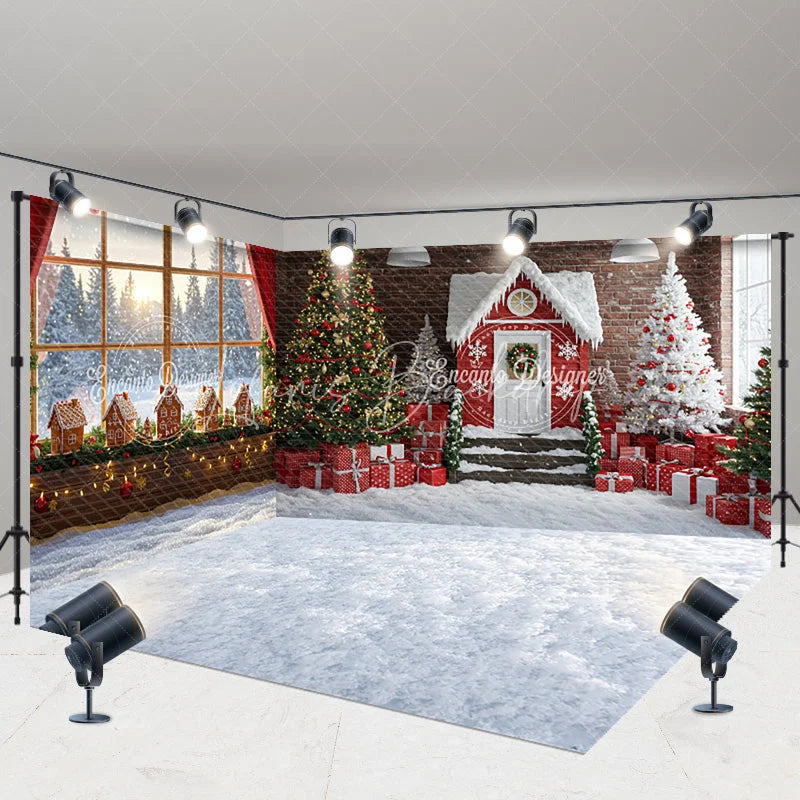 Lofaris Christmas Room Set Backdrop Winter Scene with Snow Window Festive Gingerbread House Photo Booth Props for Kids