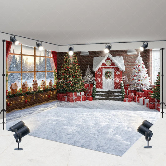 Lofaris Christmas Room Set Backdrop Winter Scene with Snow Window Festive Gingerbread House Photo Booth Props for Kids