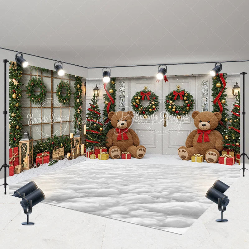 Lofaris Christmas Room Set Backdrop with Teddy Bears and Snow White Door Garland Holiday Photo Studio