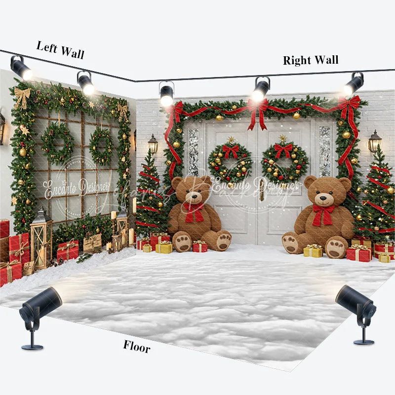 Lofaris Christmas Room Set Backdrop with Teddy Bears and Snow White Door Garland Holiday Photo Studio