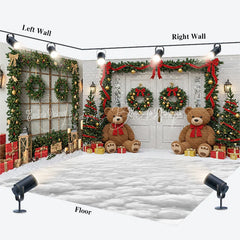 Lofaris Christmas Room Set Backdrop with Teddy Bears and Snow White Door Garland Holiday Photo Studio