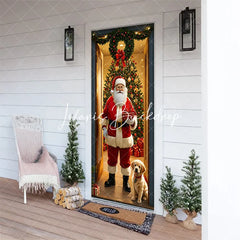 Lofaris Christmas Santa Claus and Golden Retriever Puppy Door Cover Festive Holiday Home Entrance Party Decoration