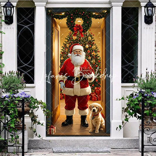 Lofaris Christmas Santa Claus and Golden Retriever Puppy Door Cover Festive Holiday Home Entrance Party Decoration