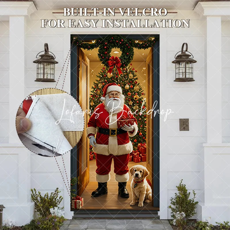 Lofaris Christmas Santa Claus and Golden Retriever Puppy Door Cover Festive Holiday Home Entrance Party Decoration