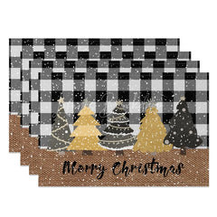 Lofaris Christmas Set of 4 Placemats Black and White Buffalo Plaid Gold Trees Farmhouse Table Mats Decor