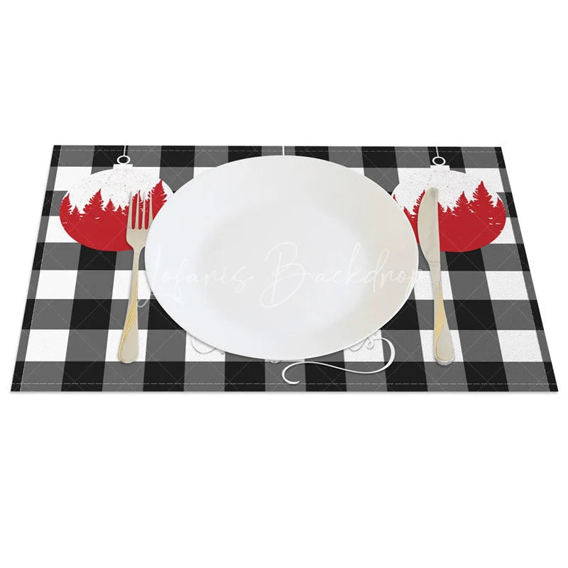 Lofaris Christmas Set of 4 Placemats Black and White Buffalo Plaid Red Ornaments Farmhouse Table Mats