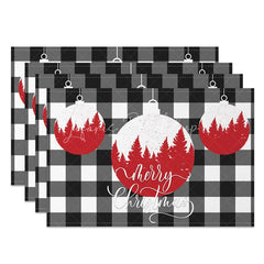 Lofaris Christmas Set of 4 Placemats Black and White Buffalo Plaid Red Ornaments Farmhouse Table Mats