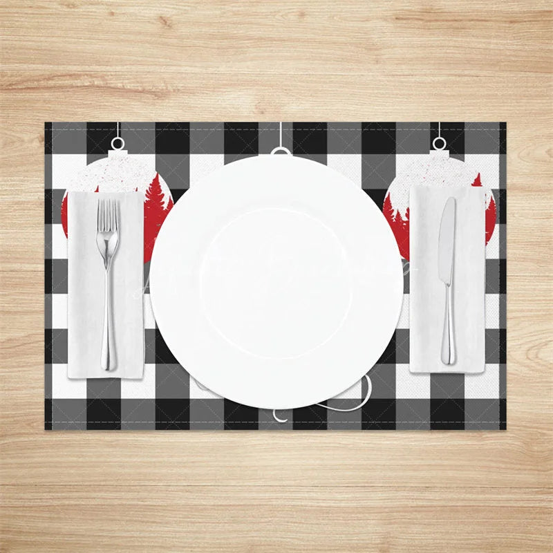 Lofaris Christmas Set of 4 Placemats Black and White Buffalo Plaid Red Ornaments Farmhouse Table Mats