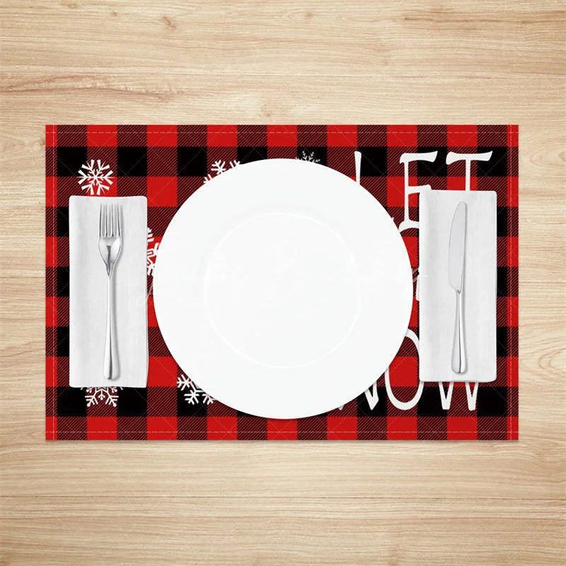 Lofaris Christmas Set of 4 Placemats Let It Snow Text Red Buffalo Plaid Check Farmhouse Table Mats