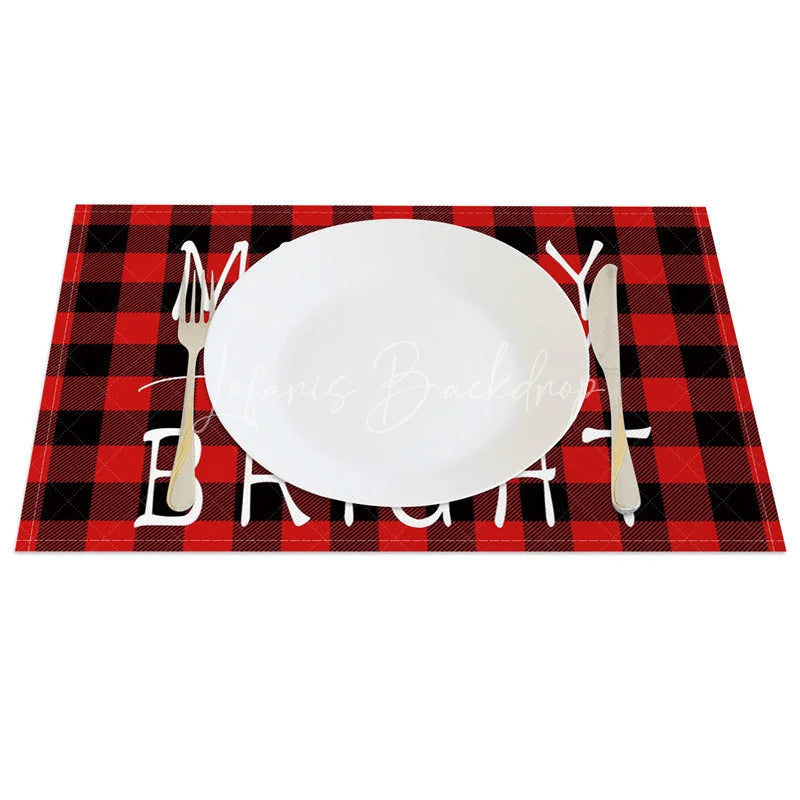 Lofaris Christmas Set of 4 Placemats Merry and Bright Text Red Buffalo Plaid Check Farmhouse Table Mats