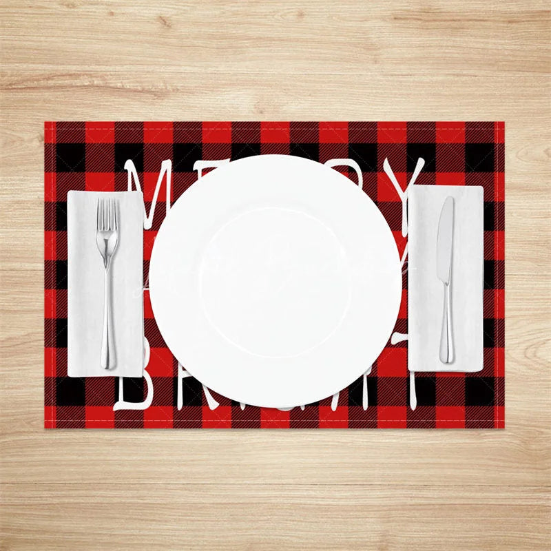 Lofaris Christmas Set of 4 Placemats Merry and Bright Text Red Buffalo Plaid Check Farmhouse Table Mats
