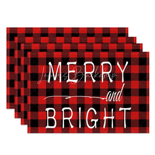 Lofaris Christmas Set of 4 Placemats Merry and Bright Text Red Buffalo Plaid Check Farmhouse Table Mats