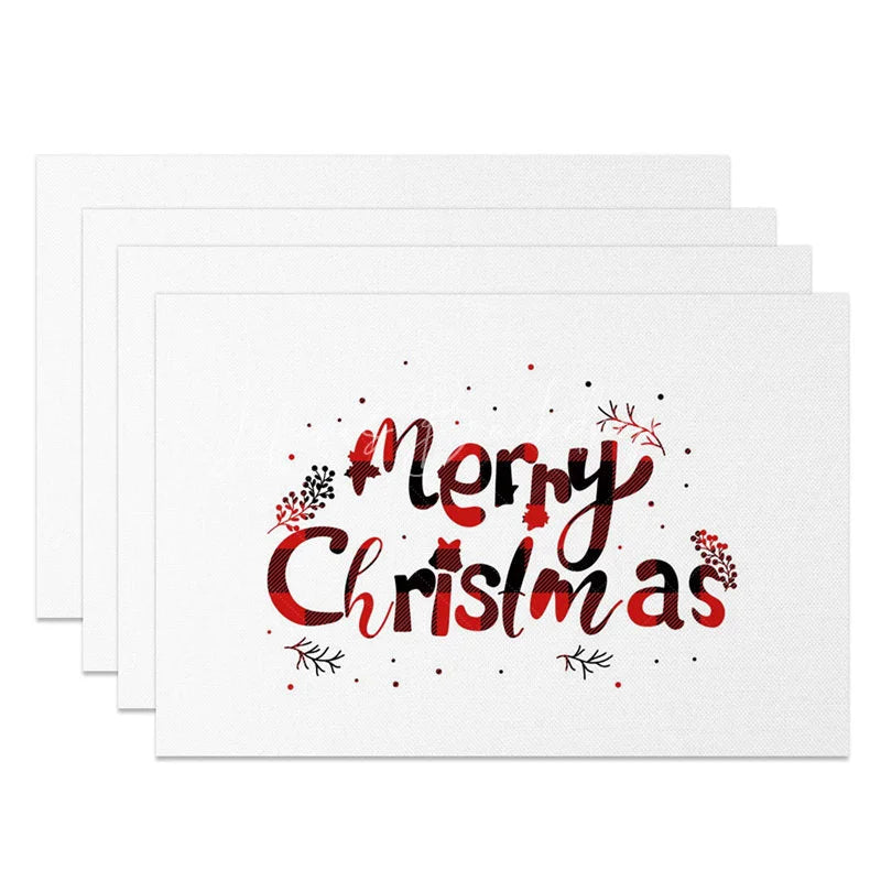Lofaris Christmas Set of 4 Placemats Merry Text Red Buffalo Plaid Lettering on White Table Mats