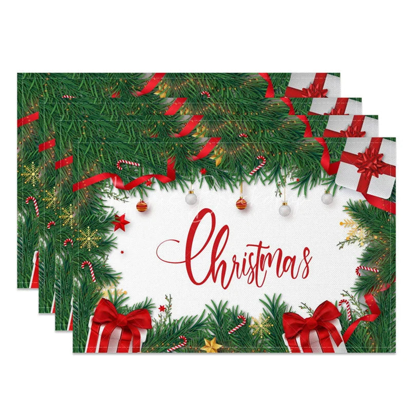 Lofaris Christmas Set of 4 Placemats Pine Garland with Gifts Red Ribbon Holiday Table Mats Decor