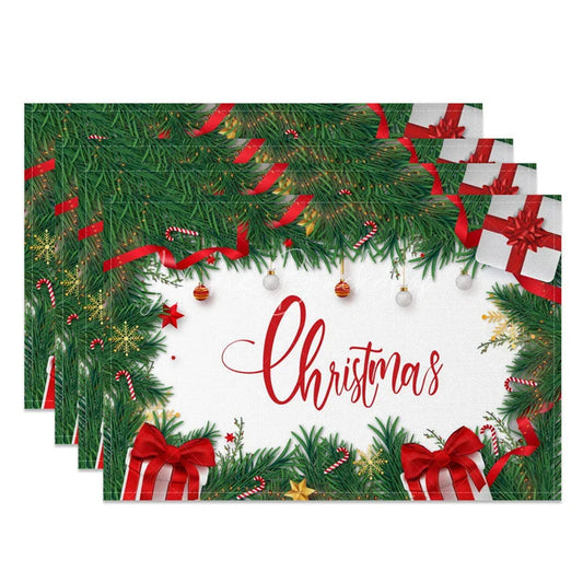Lofaris Christmas Set of 4 Placemats Pine Garland with Gifts Red Ribbon Holiday Table Mats Decor