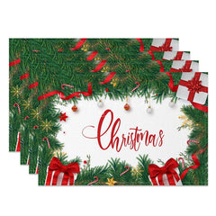 Lofaris Christmas Set of 4 Placemats Pine Garland with Gifts Red Ribbon Holiday Table Mats Decor