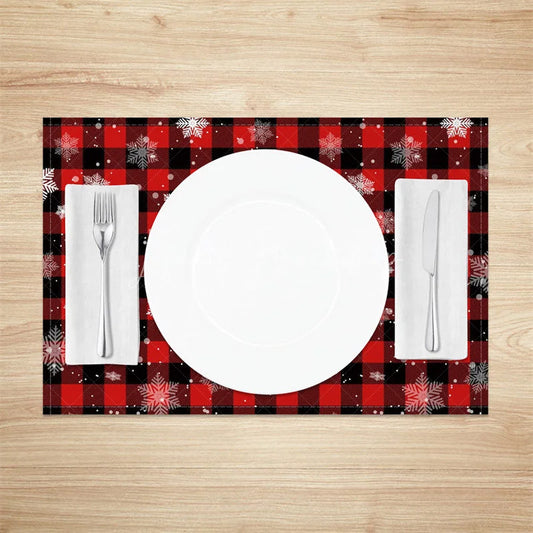 Lofaris Christmas Set of 4 Placemats Red Buffalo Plaid with Snowflakes Rustic Farmhouse Winter Table Mats